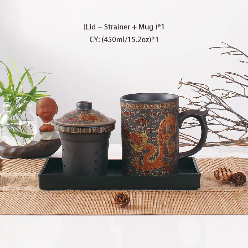 Decorbites™ Drachen-Lila-Ton-Teetasse mit Deckel und Sieb, handgefertigte Yixing-Teetasse