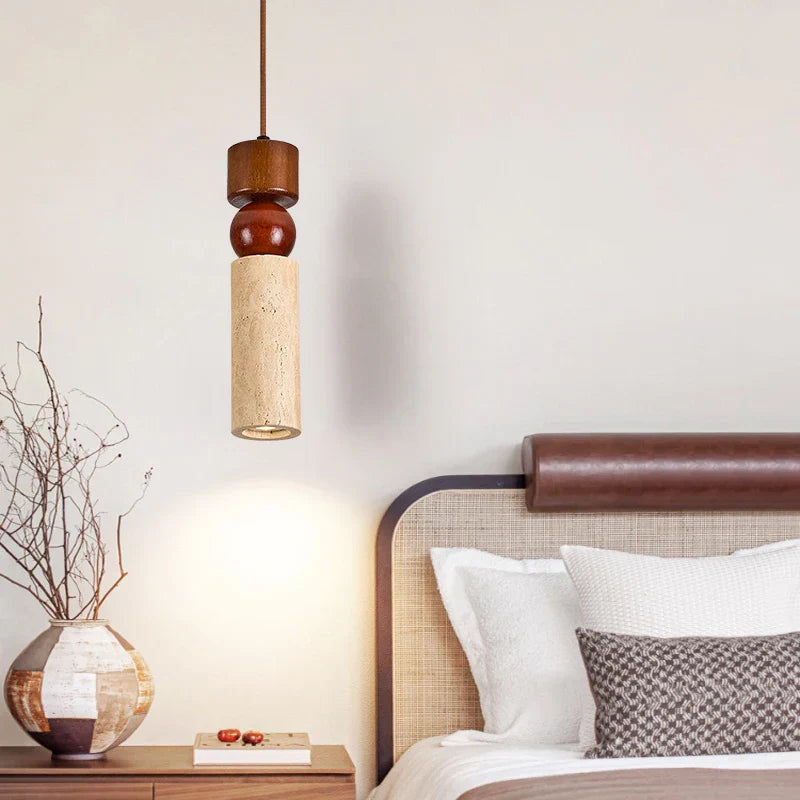 DecorBites™ Cuboid Stone LED Pendant Lights Wood Yellow Travertine Interior Lighting Hanging Lamp