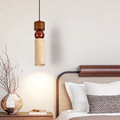 DecorBites™ Cuboid Stone LED Pendant Lights Wood Yellow Travertine Interior Lighting Hanging Lamp