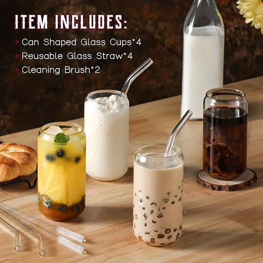 DecorBites™ Glass Drinking Glasses Set with Straws - 4-Piece Can Shaped Cups