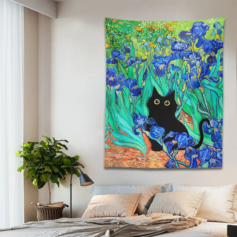 Decorbites™ Iris-Teppich mit Katze: Von Van Gogh inspirierte Kunst mit schwarzer Katze & Blumenmuster