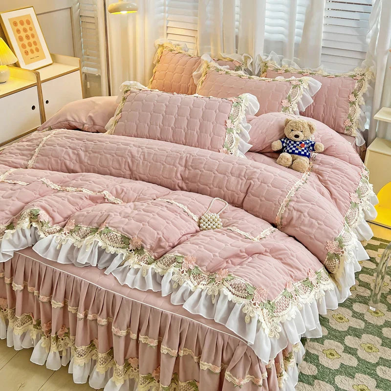 Decorbites™ Koreanische Prinzessinnen-Bettwäsche: Blumen, Spitze, Rüschen, Stickerei, Steppung, Bettbezug, Überdecke
