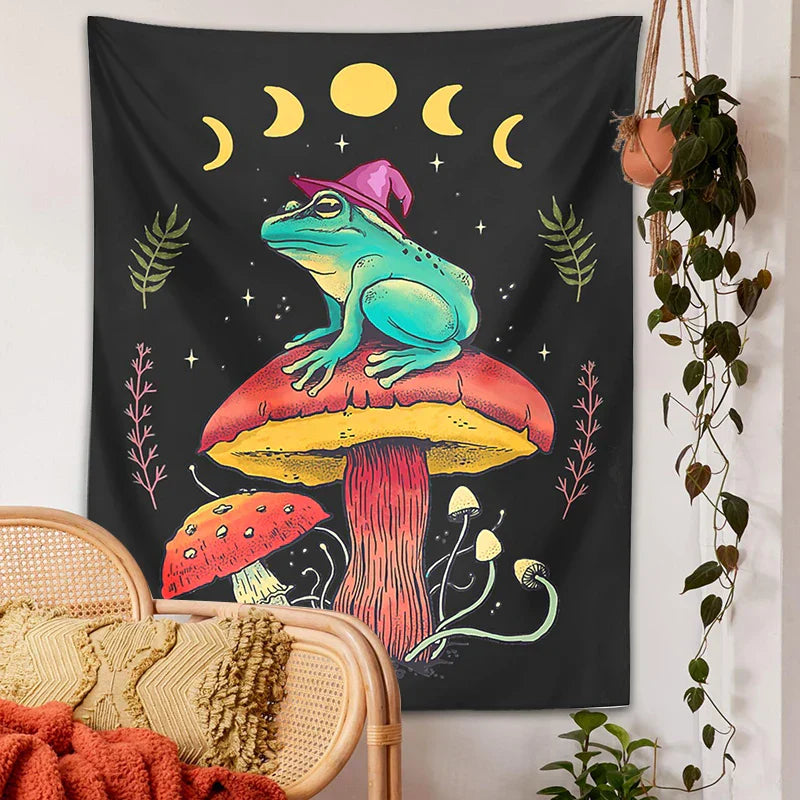 Decorbites™ Frosch auf Pilz Tapisserie Wandbehang: Ästhetisch, Magisch, Zauberer, Cottagecore, Boho, Hippie, Mondphasen