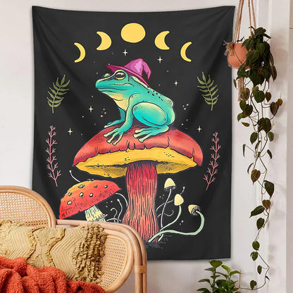 Decorbites™ Frosch auf Pilz Tapisserie Wandbehang: Ästhetisch, Magisch, Zauberer, Cottagecore, Boho, Hippie, Mondphasen