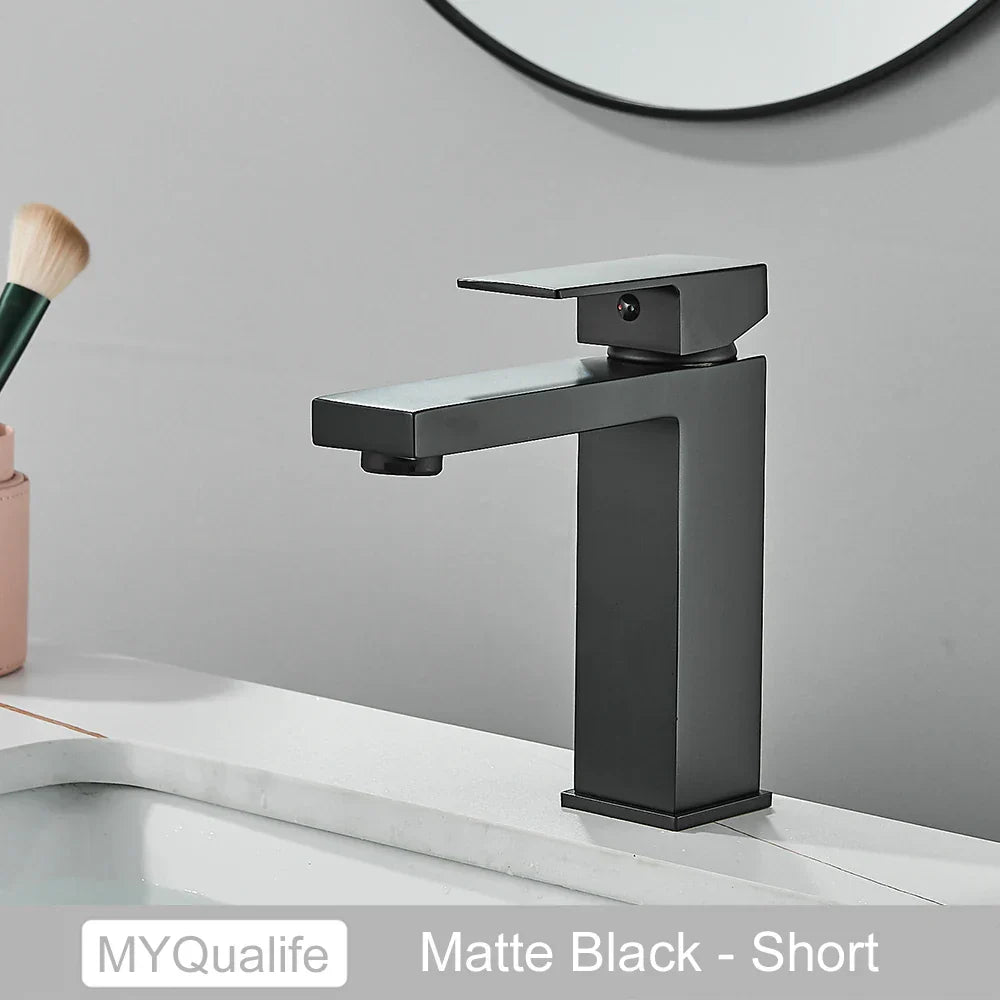 DecorBites™ Black Brass Square Basin Faucet: Bathroom Washbasin Mixer Tap, Single Handle Tall Model.