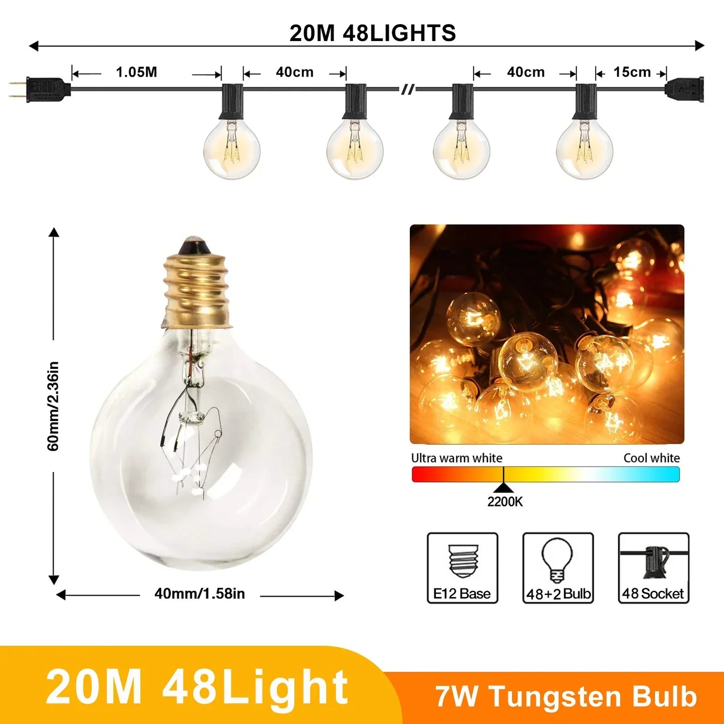 Decorbites™ G40 Wolfram Außen-Staatenbeleuchtung 7W Wasserdicht IP44 Lichterkette