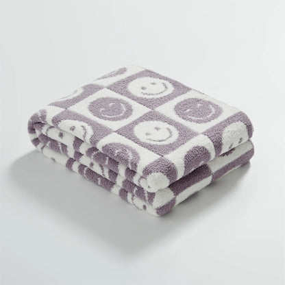 DecorBites™ Knitted Checkboard Smile Face Design Fluffy Blanket - Spring Violet Pink Gray Blanket