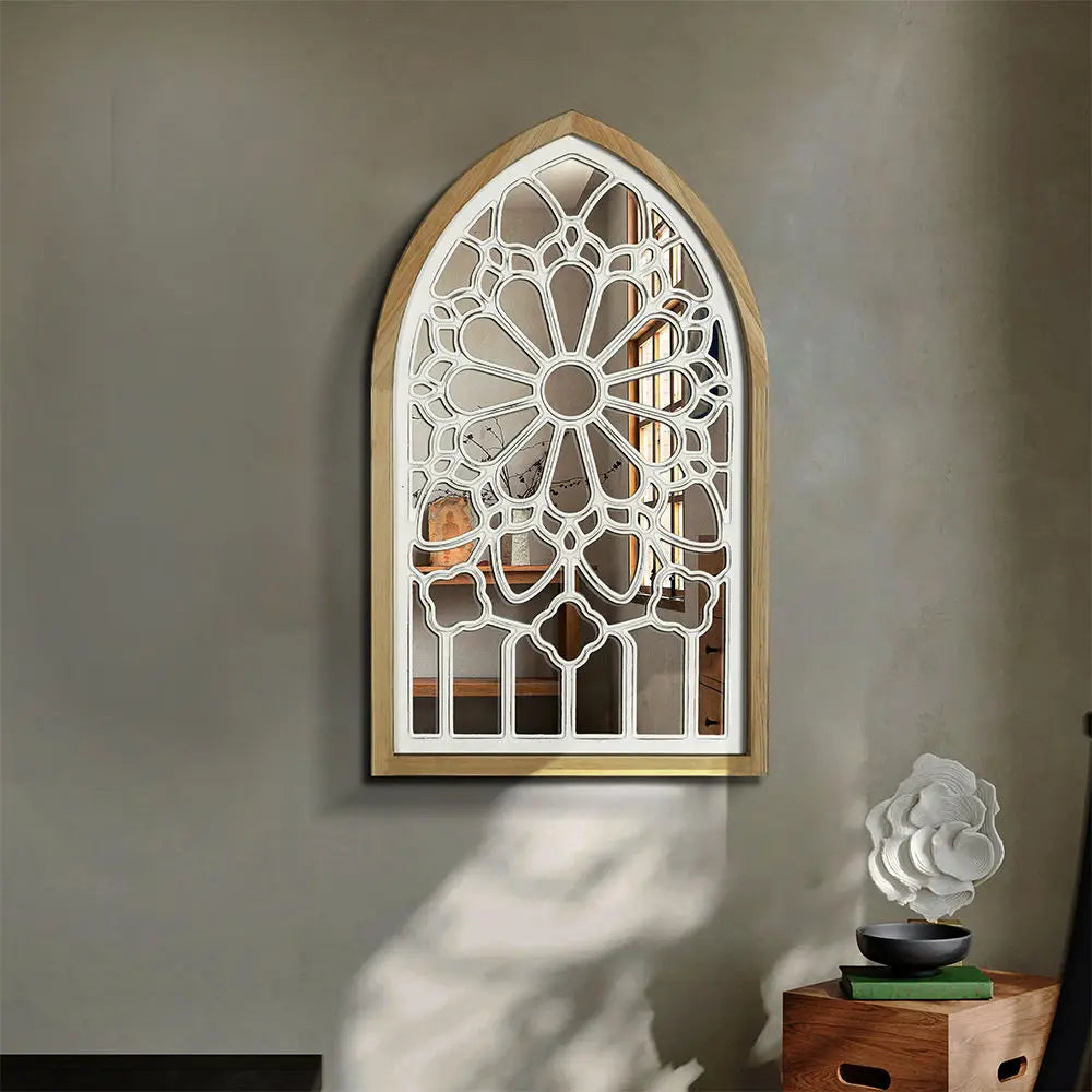 Decorbites™ Gotisches Rosenfenster-Schnitzspiegel für Wanddekoration im Wohnzimmer, Schlafzimmer