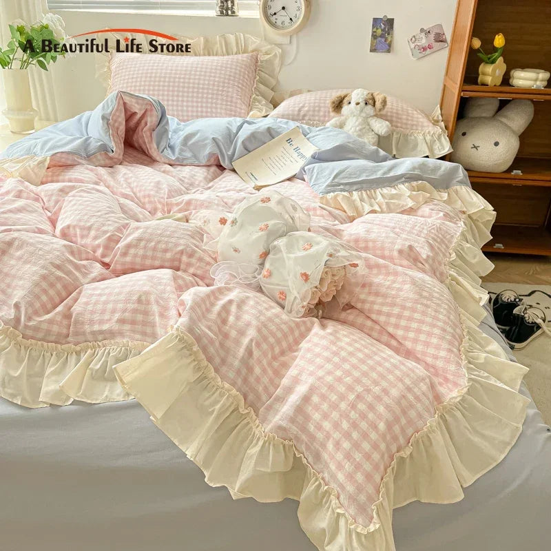 Decorbites™ Koreanische Prinzessinnen-Stil Baumwoll-Bettwäsche-Set mit Rüschen und Spitze