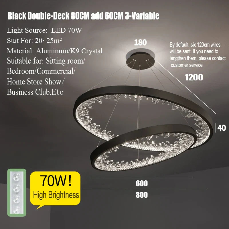 DecorBites™ Crystal Led Chandelier: Modern Luxury K9 Ring Dimmable Circle Hanging Lamp - Bedroom Living Dining Room Lighting