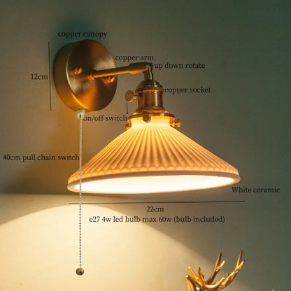 Decorbites™ Japanisches Vintage-LED-Wandleuchte Kupferarm Weißes Keramik Schlafzimmer-Dekor Loft