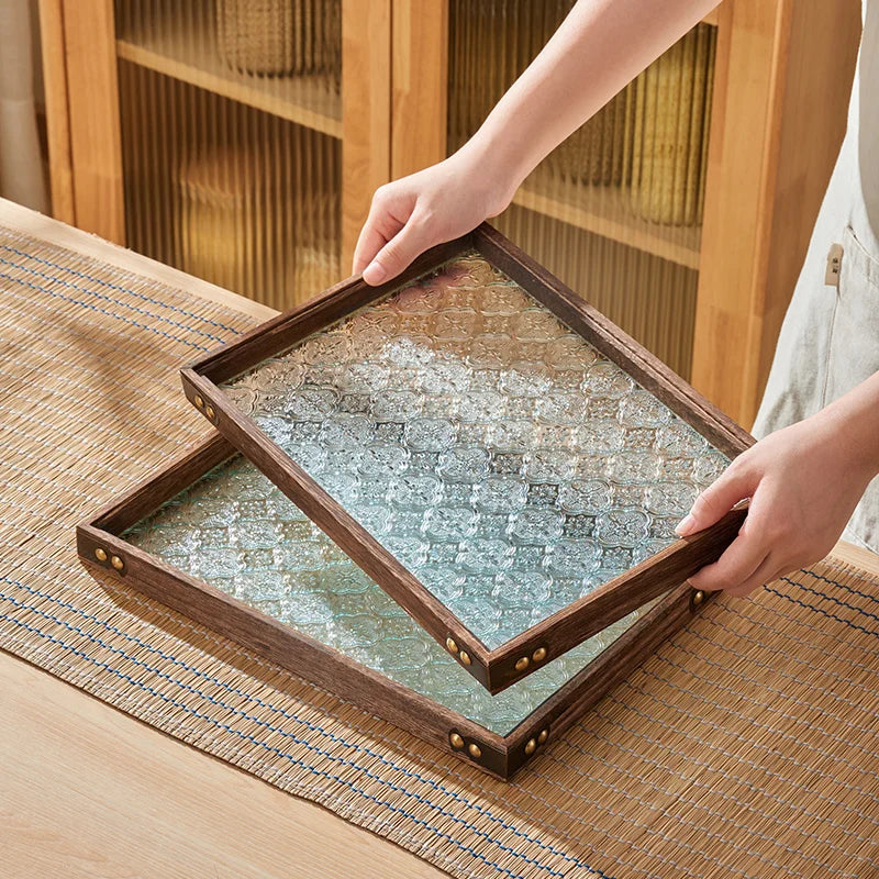 Glass Wood Serving Tray