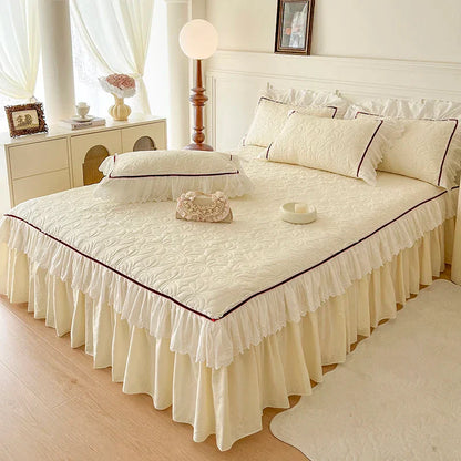 Decorbites™ Spitzen-Volants-Bettwäsche-Set: 4-teilig, einfarbiges Prinzessinnen-Bettüberzug, Bettrock, 100% Baumwoll-Kissenbezug