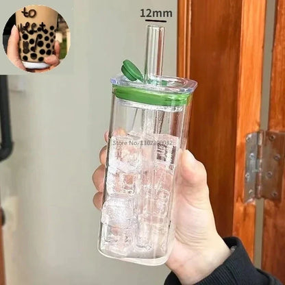 Decorbites™ hitzebeständiger Glasbecher mit Deckel und Trinkhalm für Kaffee, Milch, Tee, Saft