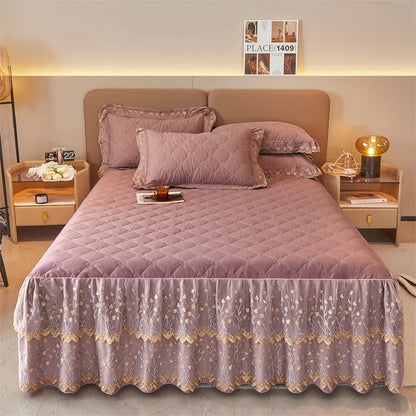DecorBites™ Cotton Lace Ruffles Quilted Bed Skirt Set with Pillowcases