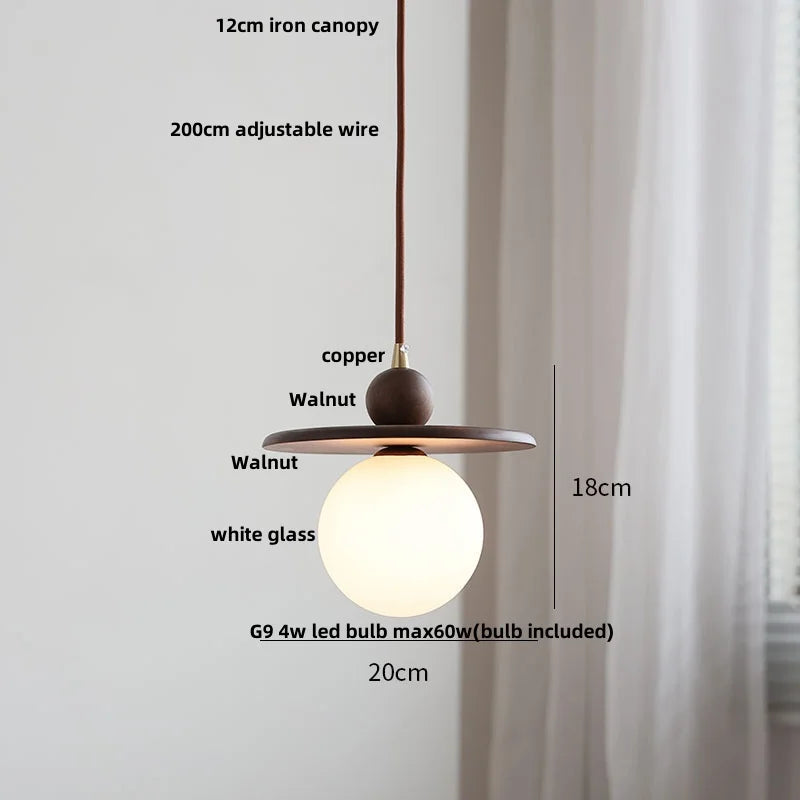 DecorBites™ Glass LED Pendant Lamp Walnut Wood Brass Hanging Lights