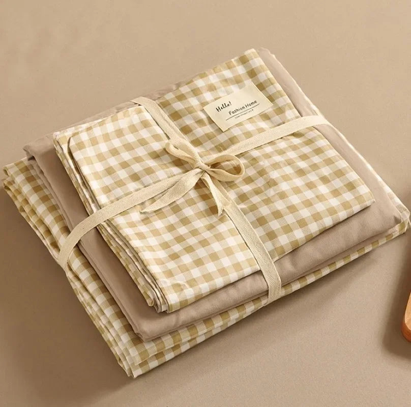 Decorbites™ Japanisches Gittermuster-Bettwäsche-Set aus gewaschener Baumwolle für sommerlichen Komfort