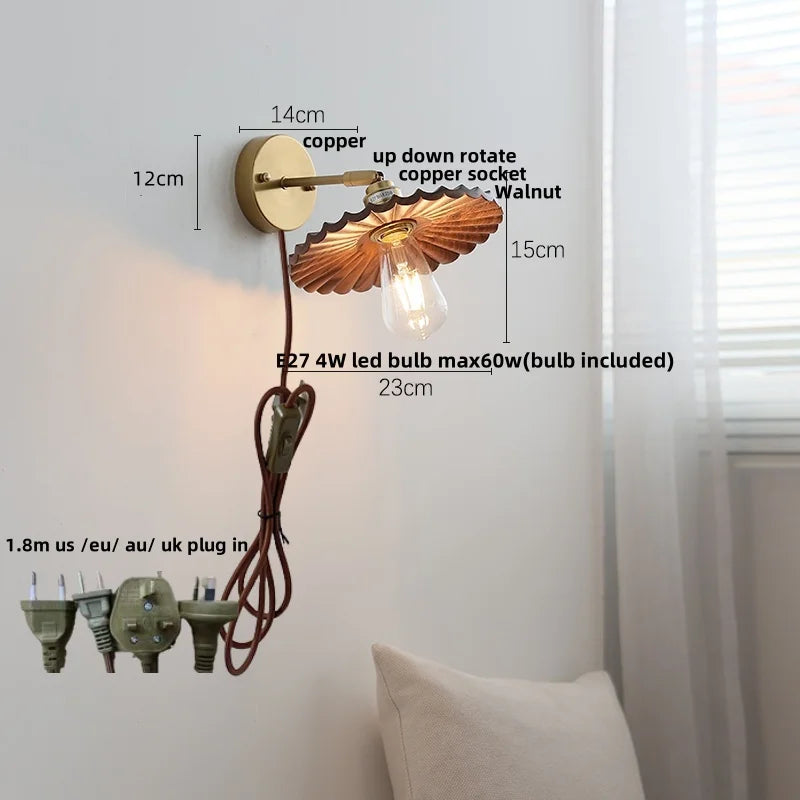 DecorBites™ LED Walnut Wood Wall Lamp Pull Chain Switch Modern Indoor Light