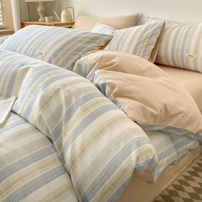 DecorBites™ Grid Printed Cotton Fitted Sheet Set - Double-Sided Mix Color Quilt Cover