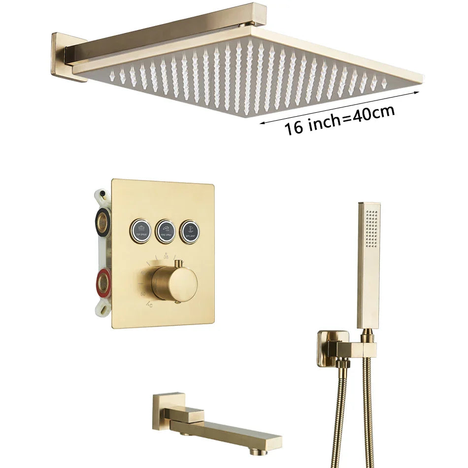 Decorbites™ Gold Thermostatische Regenwald-Duscharmatur-Mischbatterie-Set für das Badezimmer mit Decken- und Wandmontage