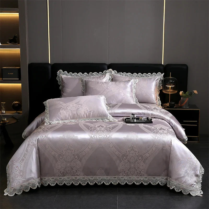 Decorbites™ Golden Jacquard-Baumwoll-Spitzen-Bettwäsche-Set – Seidig weiche Daunendecke, Spannbettlaken, Kissenbezug