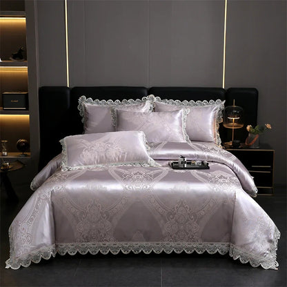 Decorbites™ Golden Jacquard-Baumwoll-Spitzen-Bettwäsche-Set – Seidig weiche Daunendecke, Spannbettlaken, Kissenbezug