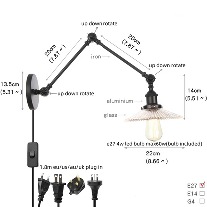 DecorBites™ Industrial Loft Swing Arm Wall Sconce Clear Glass Pull Chain Switch Bedside Lamp
