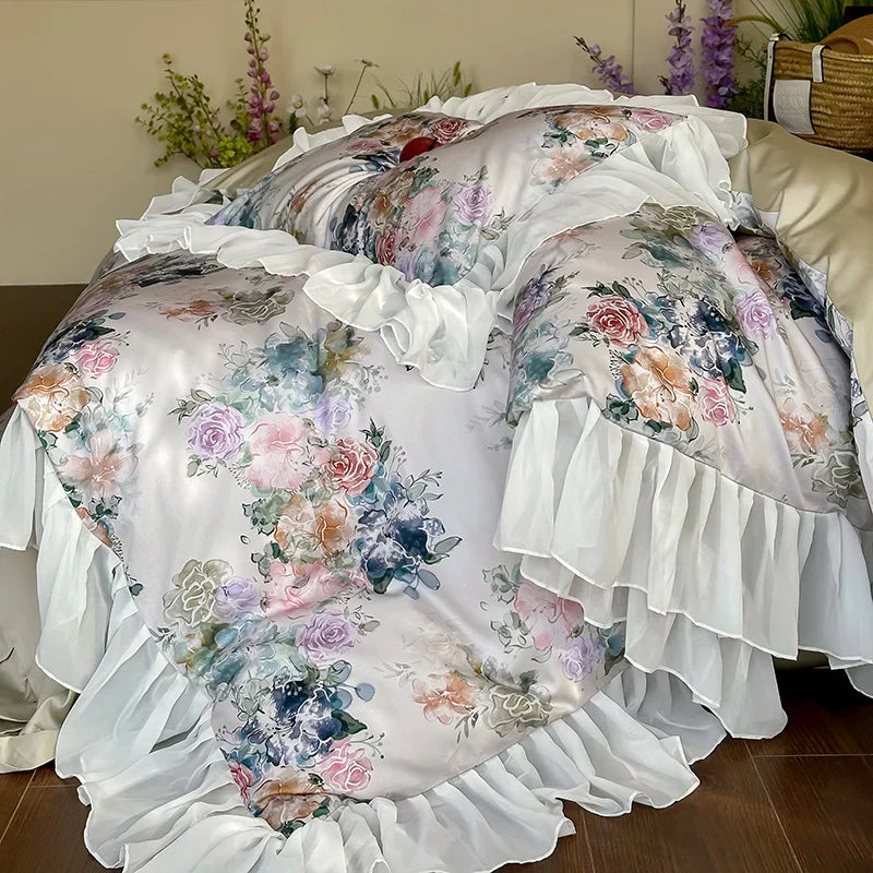 Decorbites™ Französische Blumen-Spitzen-Volants-Prinzessinnen-Bettwäsche-Set aus 1000TC ägyptischer Baumwolle