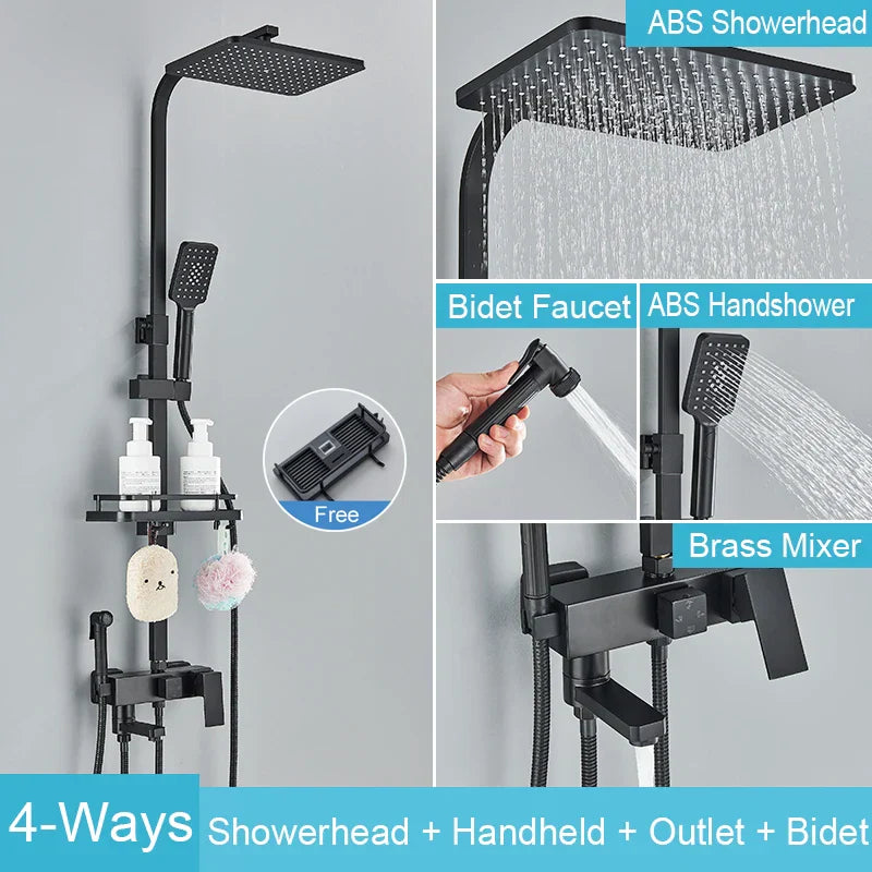 Decorbites™ Schwarzes Messing-Duscharmatur-Set Regendusche Badewannenarmatur mit Badezimmerregal