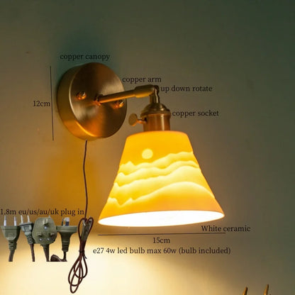 Decorbites™ Japanisches Vintage-LED-Wandleuchte Kupferarm Weißes Keramik Schlafzimmer-Dekor Loft