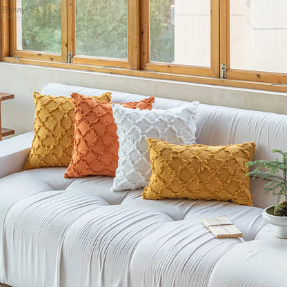 DecorBites™ Cotton Diamond Cushion Cover in Mustard Orange Beige for Living Room Sofa Bed