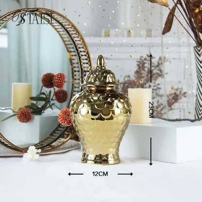 DecorBites™ Geometric Golden Porcelain Jar - Home Decor Vase & Storage Tank