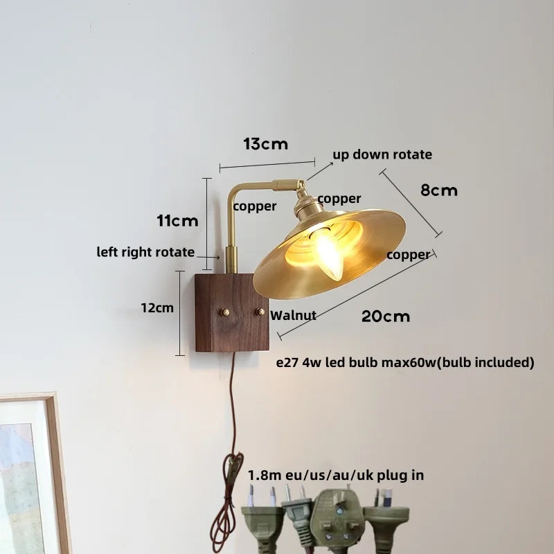 Decorbites™ LED-Wandleuchte aus Walnussholz, drehbar, Kupfer-Nachttischlampe