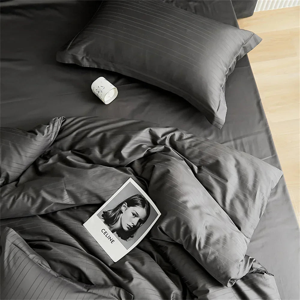Decorbites™ Graue Linien Streifen Bettbezug-Set Baumwolle Satin Jacquard Queen King Größe
