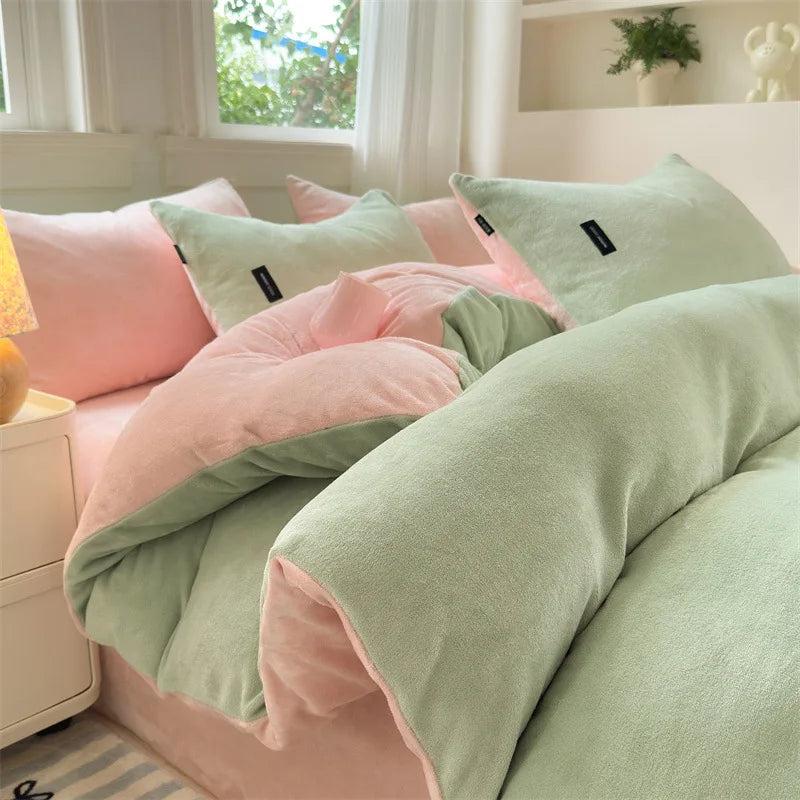 DecorBites™ Coral Color Blocked Velvet Single Duvet Cover for Winter