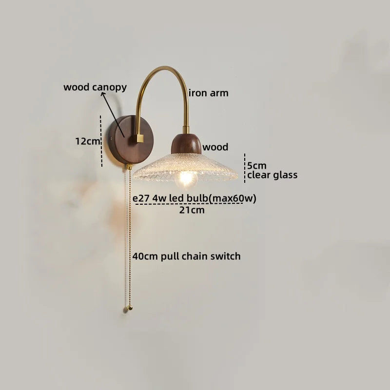 DecorBites™ LED Wall Sconce Pull Chain Switch Modern Stair Lights Glass Wood