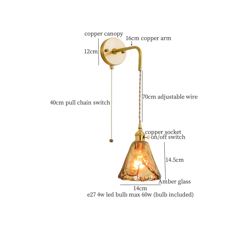 Amber Glass Wall Lamp Pull Chain Switch