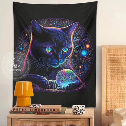 Decorbites™ Schwarze Katze Gobelin: Trippy Magischer Kristallkugel Wandkunst für Boho Heimdekoration