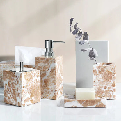 DecorBites™ Coral Pink Marble Bathroom Accessories Set: Dispenser, Dish, Holder, Tissue Box, Tray