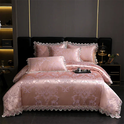 Decorbites™ Golden Jacquard-Baumwoll-Spitzen-Bettwäsche-Set – Seidig weiche Daunendecke, Spannbettlaken, Kissenbezug