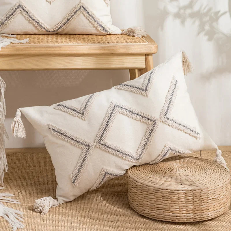 DecorBites™ Geometric Embroidery Tassel Cushion Cover - Grey White Simple Loop Tufted Pillow
