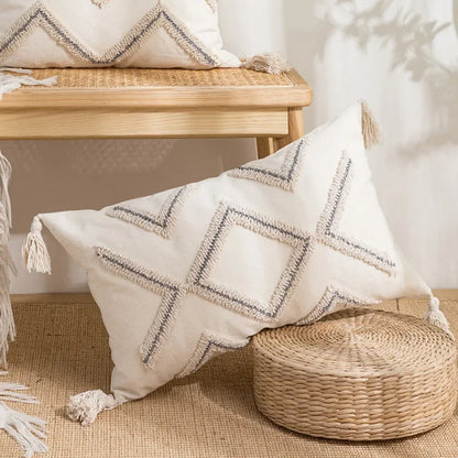 DecorBites™ Geometric Embroidery Tassel Cushion Cover - Grey White Simple Loop Tufted Pillow
