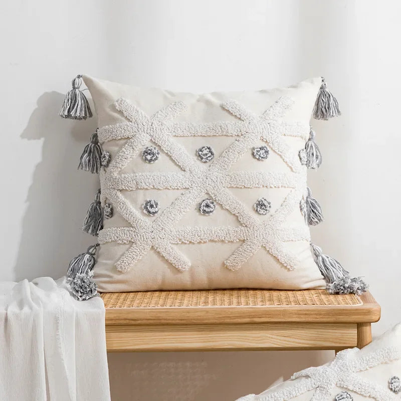 DecorBites™ Geometric Embroidery Tassel Cushion Cover - Grey White Simple Loop Tufted Pillow