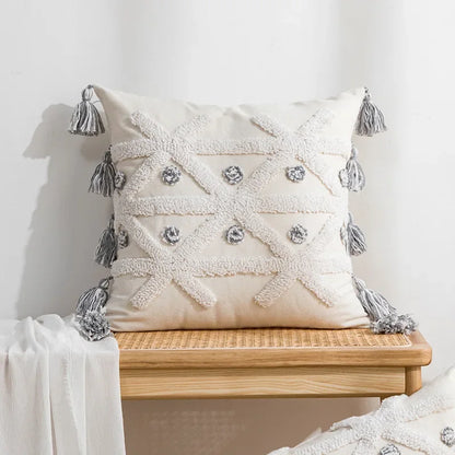 DecorBites™ Geometric Embroidery Tassel Cushion Cover - Grey White Simple Loop Tufted Pillow