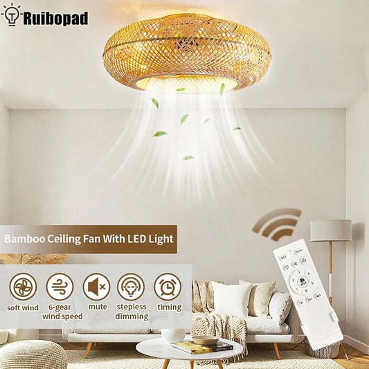 Decorbites™ Bambus-Deckenventilator mit Rattan-Käfigleuchte und Fernbedienung