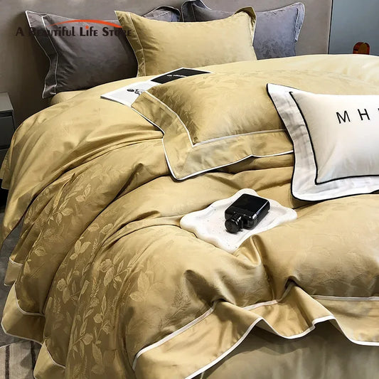 DecorBites™ Jacquard Satin & Egyptian Cotton Patchwork Bedding Set - 4pcs