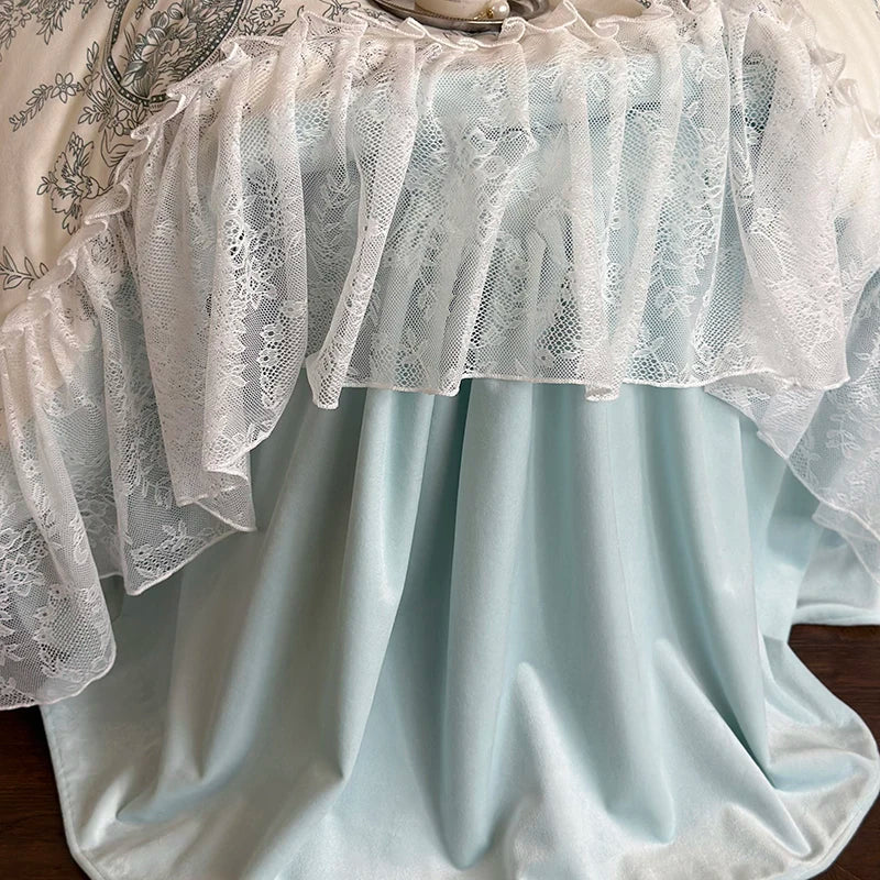 Decorbites™ Französische Spitzen-Volants-Prinzessinnen-Bettwäsche-Set mit Milchsamt-Bettbezug & Kissenbezügen
