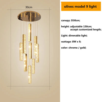Decorbites™ Gold Chrom Stahl Kristall Anhängerleuchten mit dimmbarer LED für Villen-Treppe