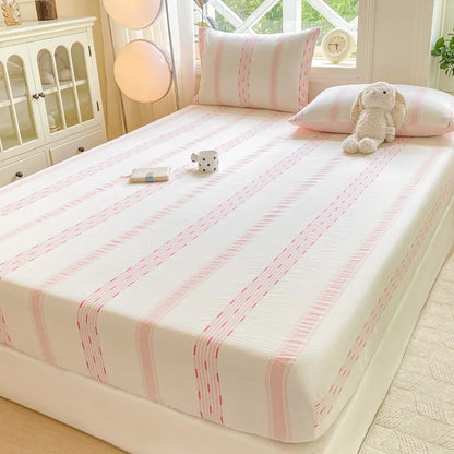 DecorBites™ Cotton Jacquard Fitted Sheet Set with 2 Pillowcases, Dustproof & Anti-Slip