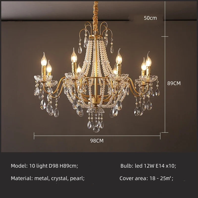 Gold Crystal Pearl Chandelier Iron D98cm